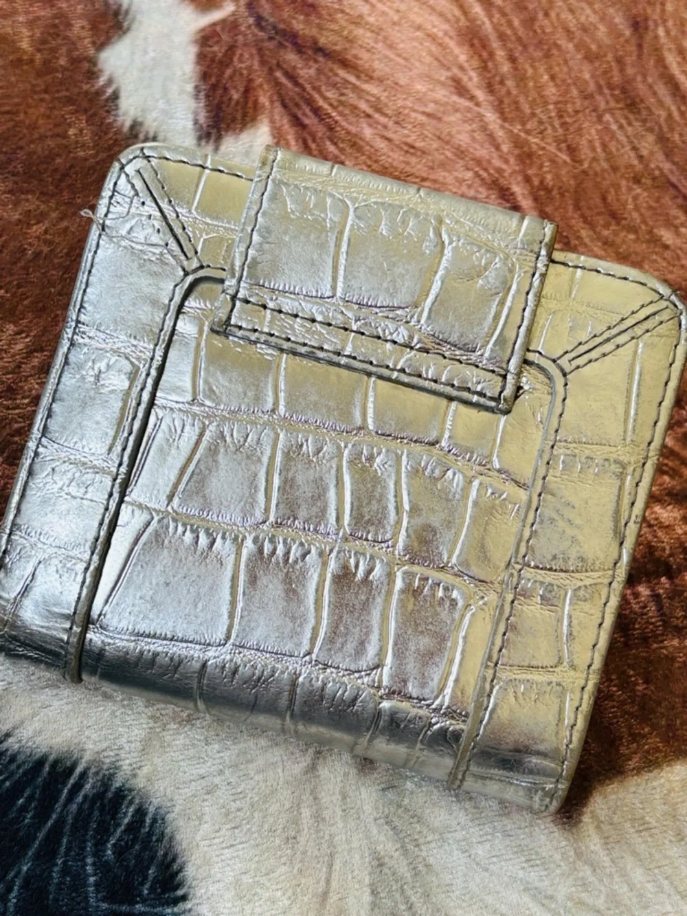 Tory Burch Metallic Silver Croc-Embossed Leather Bifold Wallet Teal Crystal Gems